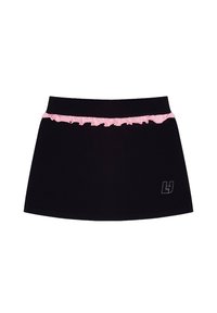 Czarna spódnica z różowym falbanowym paskiem w talii, wykonana z miękkiego materiału. Posiada małe logo w prawym dolnym rogu. Gładka tekstura, w kształcie litery A.
