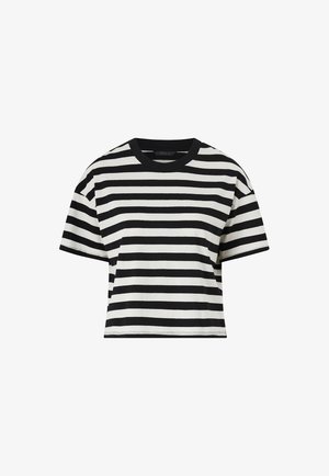 Černobílé pruhované tričko s krátkým rukávem, kulatým výstřihem a volným střihem, vyrobené z měkké bavlněné látky.