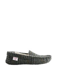 Chausson mocassin pour homme en tweed gris et vert avec une doublure en polaire blanche et une étiquette Harris Tweed sur le côté.