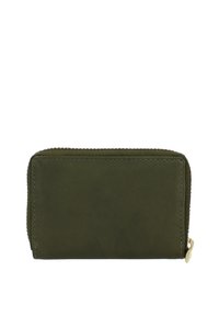 Olive green leather wallet with a zip closure, rectangular shape, smooth texture, and contrasting gold hardware detail.