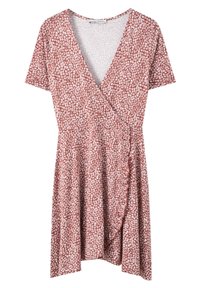 Vestido envolvente rojo con flores y mangas cortas, que presenta un escote en V profundo, tejido ligero y una falda fluida con suaves patrones florales en blanco.