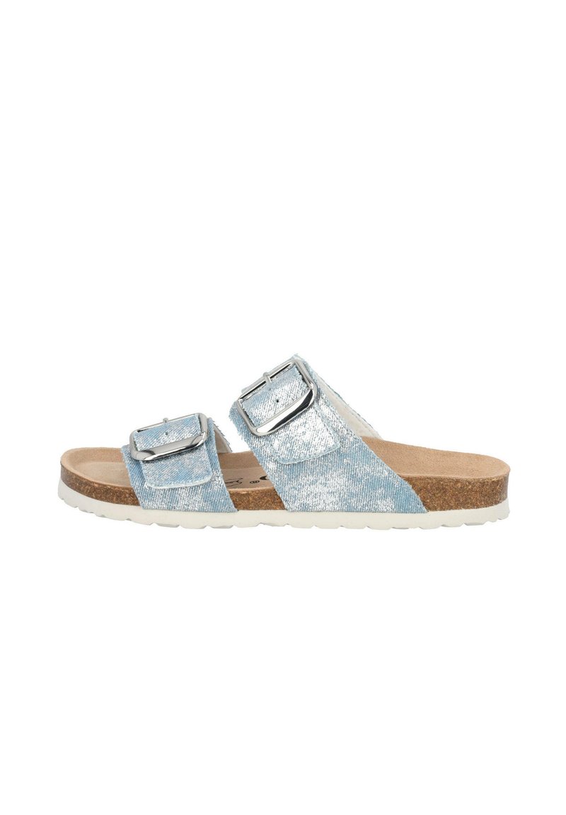 Sandali a scivolo con due fibbie in denim azzurro chiaro con finitura texturizzata, soletta in sughero e suola in gomma bianca. Fibbie regolabili in tono argento.