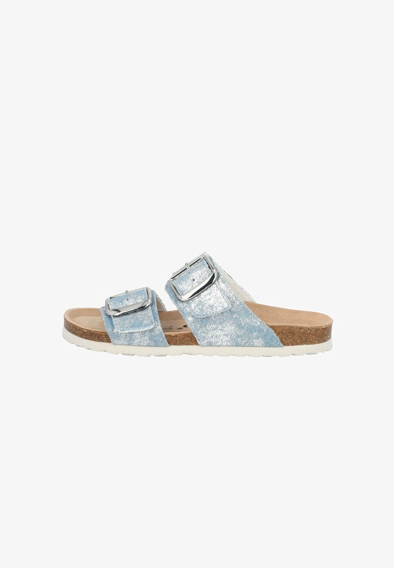 Sandali a scivolo con due fibbie in denim azzurro chiaro con finitura texturizzata, soletta in sughero e suola in gomma bianca. Fibbie regolabili in tono argento.