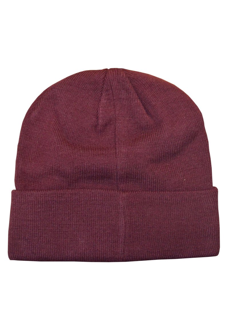 Bonnet en maille bordeaux avec un revers et un motif texturé. Le matériau semble doux et élastique, adapté aux vêtements par temps froid.