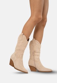 Botas de vaquero de ante beige con puntas afiladas, costuras decorativas y una cremallera lateral, con un tacón apilado para mayor altura.