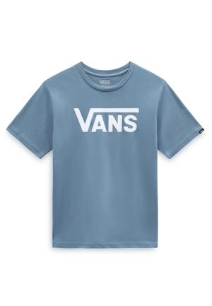 Jasnoniebieska koszulka z krótkim rękawem i okrągłym dekoltem z białym logo Vans nadrukowanym na piersi.