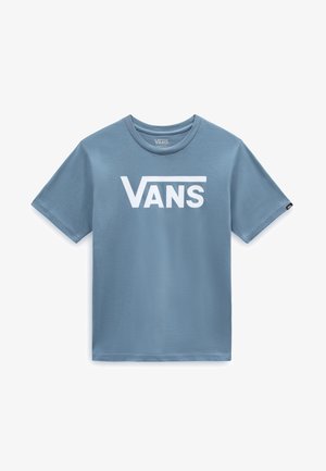 T-shirt bleu clair à manches courtes avec col rond et logo Vans blanc imprimé sur la poitrine.