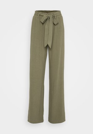 Olive green wide-leg trousers with a belted waist, made from a textured fabric, featuring a smooth finish and tailored cut.
