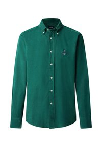 Grünes Kordhemd mit Button-Down-Kragen, langen Ärmeln und weißen Knöpfen. Mit einem kleinen gestickten Logo auf der linken Brust.