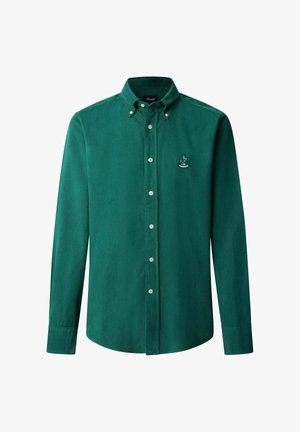 Groene corduroy shirt met een knoopsluiting, lange mouwen en witte knopen. Bevat een klein geborduurd logo op de linkerkant van de borst.