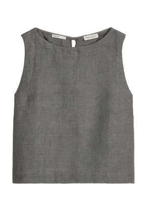 Ärmelloses graues Leinentop mit rundem Ausschnitt und kleinem Schlüsselloch-Knopverschluss hinten, Marke Marc O'Polo.