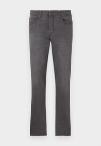 Jean droit en denim gris avec cinq poches, passants de ceinture et une braguette à boutons, posé à plat sur fond blanc.