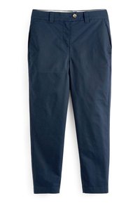 Chino navy in tessuto leggero, con chiusura a bottoni, tasche anteriori e dettagli cuciti lungo i lati.