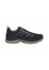 Black and gray outdoor shoe with orange accents, featuring a textured fabric upper, flexible sole, and a secure lace system.