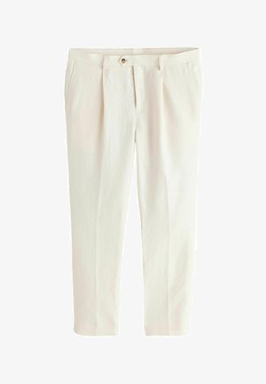 Schmal geschnittene, maßgeschneiderte Hosen in Off-White mit vorderen Falten, seitlichen Taschen, Gürtelschlaufen und einem Knopfverschluss an der Taille.