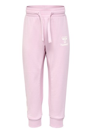 Lichtroze sweatpants gemaakt van een katoenmix, met een aansluitende boord, een trekkoord in de taille en een wit logo op de linker bovenbeen.