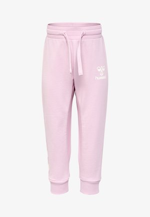 Lichtroze sweatpants gemaakt van een katoenmix, met een aansluitende boord, een trekkoord in de taille en een wit logo op de linker bovenbeen.
