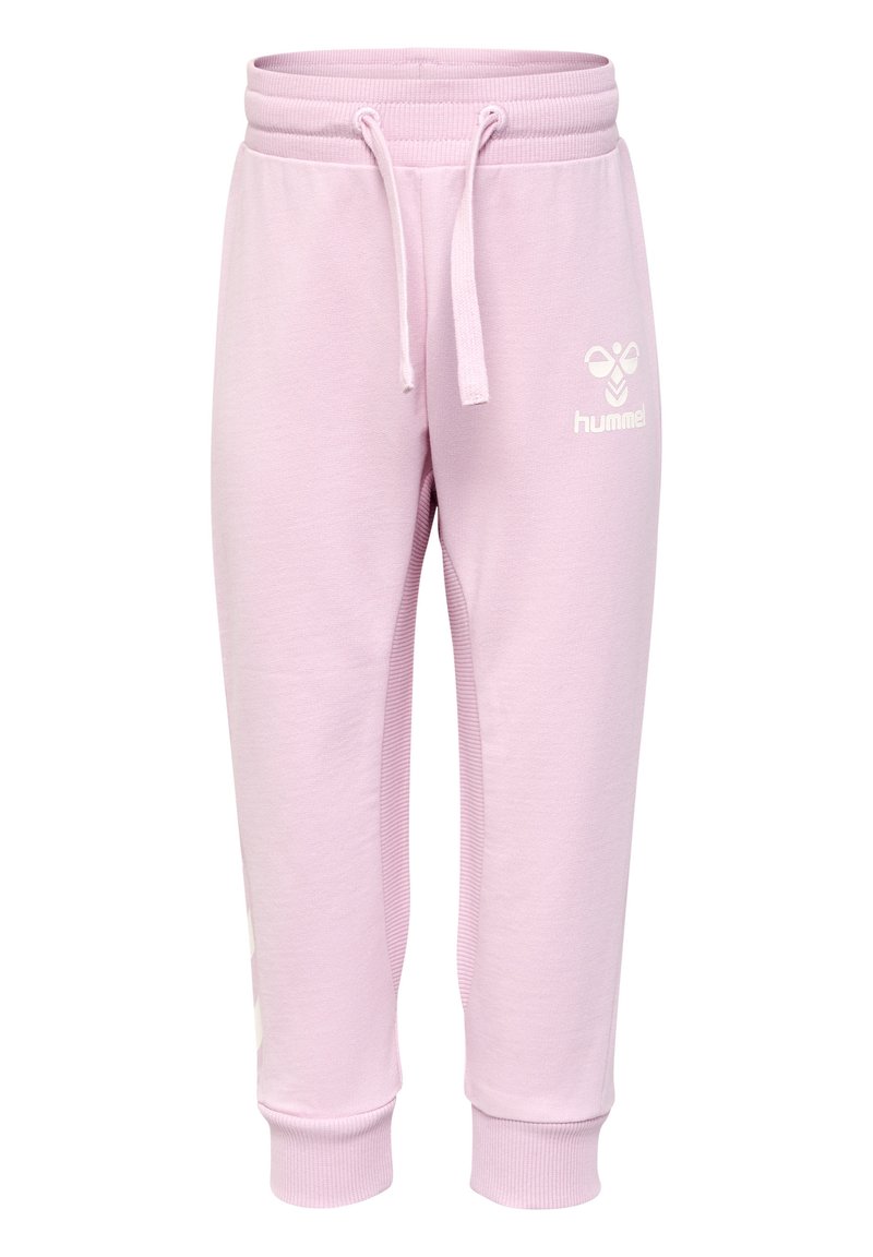 Ljusrosa sweatpants i bomullsmix, med en åtsittande mudd, dragsko i midjan och en vit logotyp på vänster lår.