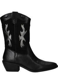 Zwarte cowboylaarzen met een spitse neus, gestructureerd leer, bovenwerk van suede en zilveren vlamachtige accenten. Gelaagde hak voor stabiliteit.