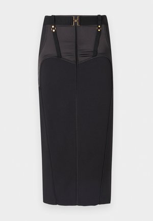 Fustă creion neagră, cu talie înaltă, panouri structurate, talie lată și bretele decorative pentru curea cu elemente aurii.