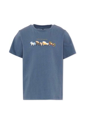 Blauw T-shirt met korte mouwen met vijf geborduurde paarden in verschillende kleuren en de tekst "Stella McCartney" erboven op de borst.