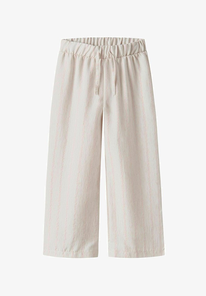 Hellbeige Culotte-Hosen mit elastischem Bund und Kordelzug. Besitzt vertikale, strukturierte Streifen in sanften Rosatönen.