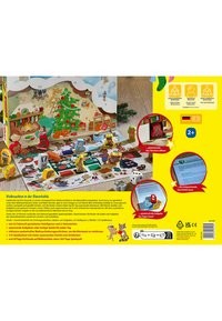 Adventskalender med en färgglad pop-up-design med djurfigurer, detaljerade illustrationer och olika spelpjäser, placerad mot en snöig bakgrund.