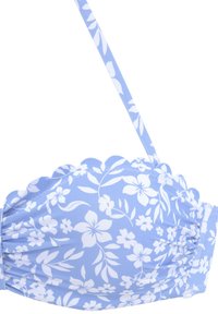 Bloemrijke bikini-top van lichtblauwe stof met witte bloemenpatronen, met een gegolfde rand en verstelbare schouderbandjes.