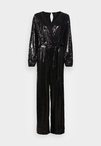 Zwarte jumpsuit versierd met pailletten, met lange mouwen, V-hals, sleutelgatuitsnijding en een strikceintuur op de taille. Rechtdoor silhouet.