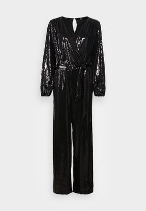 Schwarzer Jumpsuit mit Paillettenverzierung, langen Ärmeln, V-Ausschnitt, Schlüsselloch-Ausschnitt und einem Bindegürtel in der Taille. Gerade Beinform.
