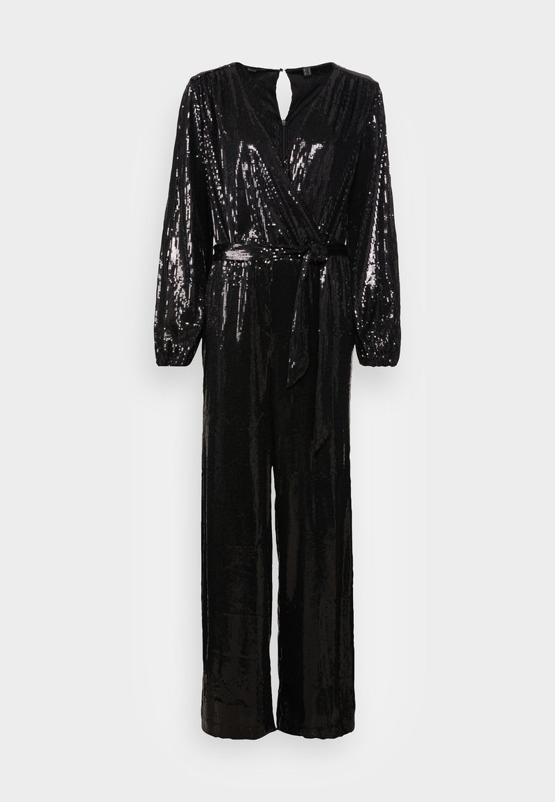 Zwarte jumpsuit versierd met pailletten, met lange mouwen, V-hals, sleutelgatuitsnijding en een strikceintuur op de taille. Rechtdoor silhouet.