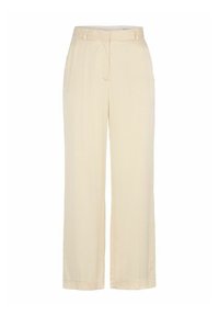 Kermaaväriset, räätälöidyt, leveälahkeiset housut, joissa on vyölenkit, etutaitokset ja piilotettu etusuljin.