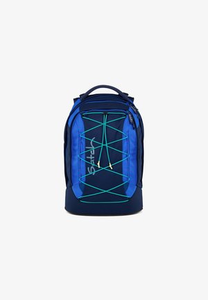 Navyblaue Rucksack mit türkisfarbenen Akzenten, ausgestattet mit einem elastischen Bungee-Seil-Design, gepolsterten Tragegurten, einer Vorderreißverschlusstasche und einem Logo-Detail.