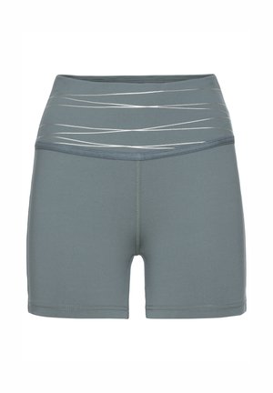 High-waisted, teal sports shorts made of stretchy fabric, featuring silver diagonal stripes across the waistband for added detail.