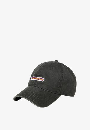 Mustapohjainen puuvillainen baseball-lakki, jossa on kaareva lippa ja etuosassa violetilla ja keltaisella brodeerattu logo-patch.