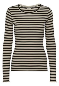 Lange mouwen, geribbelde top met afwisselend zwarte en beige horizontale strepen. Ronde halslijn en gerimpelde zoomdetails bij de manchetten.