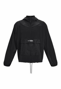 Giacca a vento nera con zip frontale a metà, maniche lunghe, tasca frontale a marsupio, orlo regolabile con cordino e texture liscia.