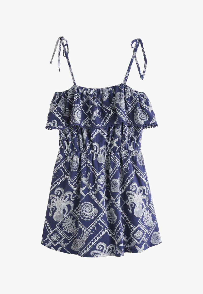 Robe d'été bleu marine avec motif de vie marine blanche, encolure épaules dénudées à volants et bretelles réglables avec lien.