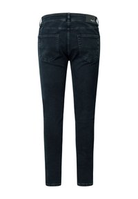 Slim-fit black denim jeans with a smooth texture, five pockets, and a visible waistband label. Rear has two stitched back pockets.