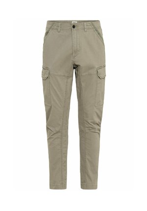 Men’s beige slim-fit cargo pants with button closure, side flap pockets, and front angled pockets.
