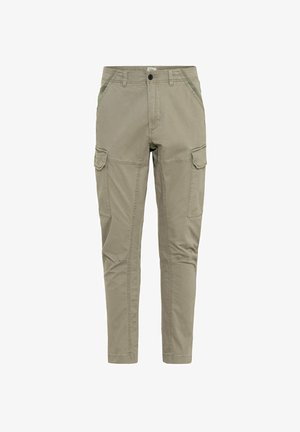Pantalon cargo beige homme coupe slim avec fermeture à boutons, poches latérales à rabat et poches avant inclinées.