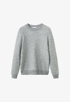 Suéter gris confeccionado en tela de punto texturizada con un patrón de zigzag, cuello redondo y puños y dobladillo acanalados. Diseño de ajuste regular.
