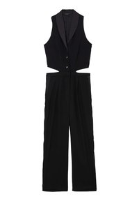 Combinaison noire avec un corps ajusté sans manches, des découpes sur les côtés et des pantalons à jambes larges. Dotée d'un col à revers et d'une fermeture à boutons à l'avant.