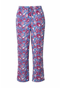 Pohovkové kalhoty s potiskem, které mají modré pozadí a růžové a bílé designy mušlí, elastický pas a šňůrku pro nastavitelnou velikost.