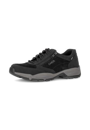 Black Gabor sneaker with lace-up and side zipper, grey sole, and suede and leather mixed upper for casual wear.