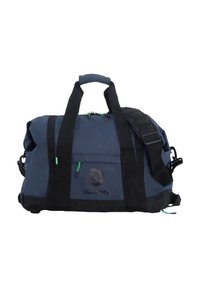 Borsone blu navy con accenti neri, dotato di manici doppi, tracolla regolabile, tasca esterna e tiretti verdi per la cerniera.