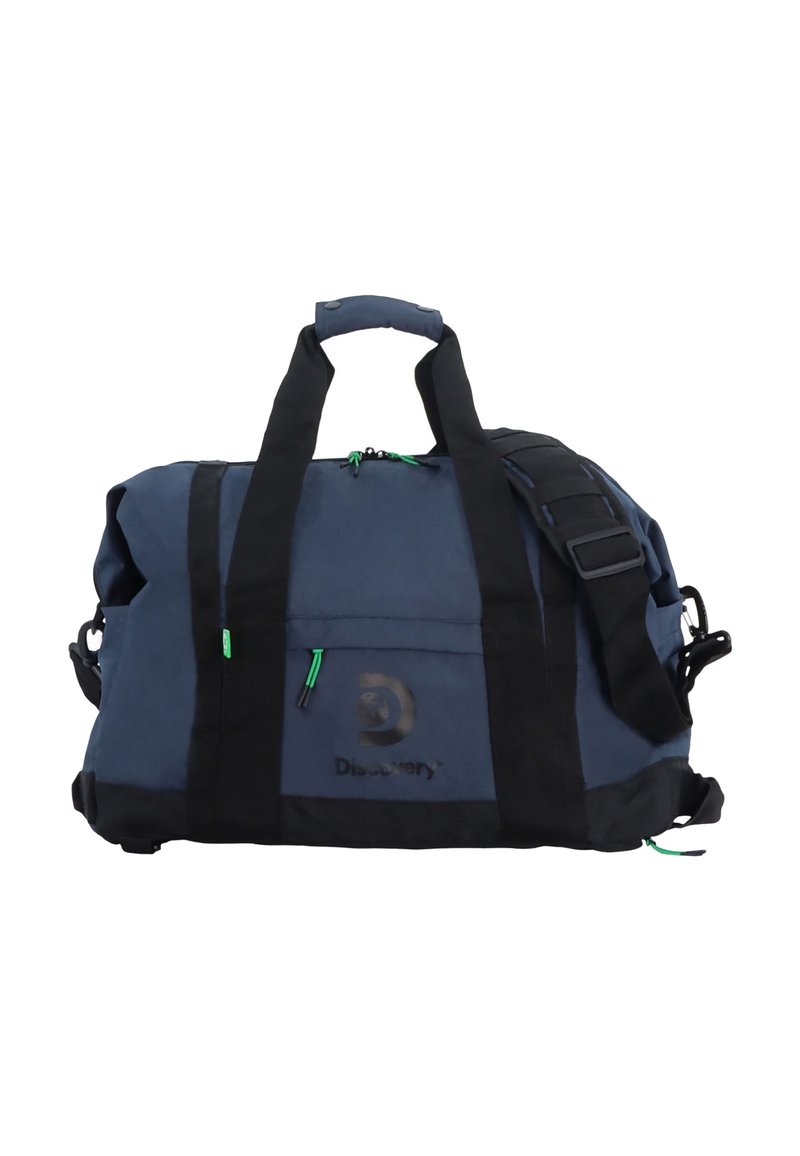 Borsone blu navy con accenti neri, dotato di manici doppi, tracolla regolabile, tasca esterna e tiretti verdi per la cerniera.