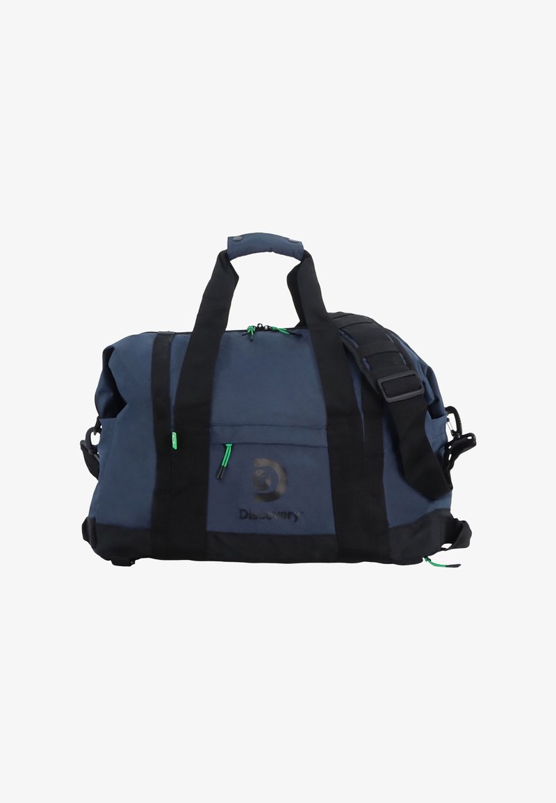 Bolsa de deporte azul marino con acentos negros, que cuenta con dos asas, correa de hombro ajustable, bolsillo exterior y tiradores de cremallera verdes.