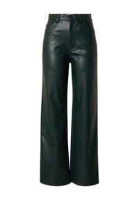 Donkergroene, wijde leren broek van soepel leer. Heeft een hoge taille, voorzakken en een knoopsluiting.