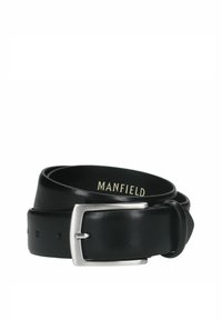Zwarte leren riem met een gladde textuur, voorzien van een zilveren rechthoekige gesp en meerdere verstelgaten. Merkopdruk luidt "MANFIELD."